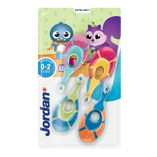 Jordan* | Step 1 Baby Toothbrush | 0-2 Years, Soft Bristles, BPA Free | Green & Blue | 4 Pack