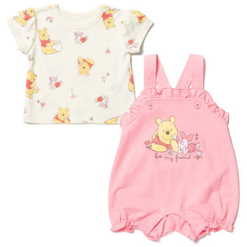 Disney Winnie the Pooh Piglet Infant Baby Girls French Terry Short Overalls and T-Shirt Newborn to Infant