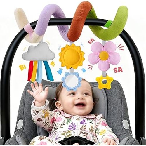 Stuffed Christmas Spiral Baby Car Seat Toys, Best Newborn Shower Gifts, Soft Infant Essentials Must Have Hanging Toys (Vibrant Nature)