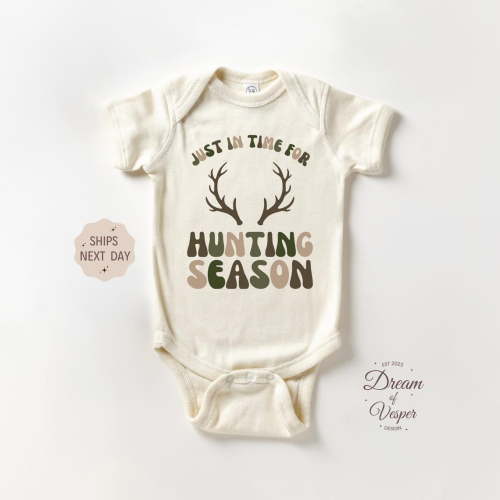 Luvly Just In Time For Hunting Season Baby - Camo Hunting Baby - Baby Hunting Body Suit - Retro Hunting Baby - Best Gift, New Born, Baby Shower Gift, New Parents Gift