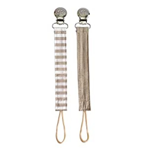 Itzy Ritzy Linen Pacifier Clips; Fabric Pacifier Strap with Clip Keeps Pacifiers & Teethers in Place; Includes Universal Attachment Clip and Loop; 2-Pack of Tan and Tan Stripe