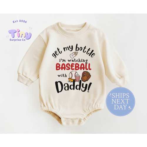 Natural Baseball Baby Romper Bodysuit Watching Baseball with Daddy Design