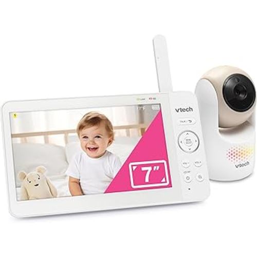 VTech Video Baby Monitor with 7" Color LCD Screen, Rechargeable Battery, Video Streaming, Audio Streaming, Pan-Tilt-Zoom, Touch Multi-Color Night Light, Two-Way Talk, Long Range: Advanced Max Tan