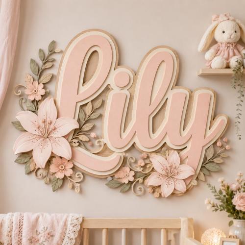 Personalized Girl Name Sign Wood, Lily Floral Nursery Decor, Shabby Chic Baby Gift, Wooden Name Board for Crib, Princess Pastel Newborn Gift