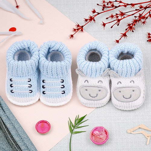 Newborn Knit Booties Soft Baby Sock Boots for Infant Boys Girls First Walkers 2 Pairs, 0-3 Months