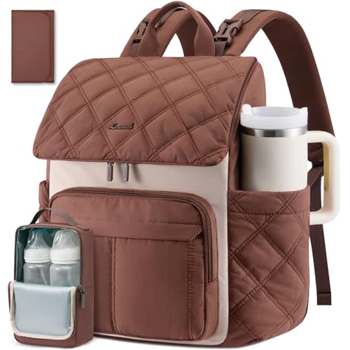 LOVEVOOK Diaper Bag Backpack With Pocket For Large Capacity Cup,Multi-Function Baby Travel Bag For Mom Dad,Waterproof Baby Bag for Boys Girls with Changing Pad,Insulated Bag,Stroller Straps,Brown