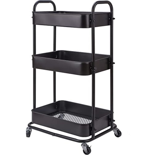 YOHKOH 3-Tier Metal Rolling Utility Cart, Storage Trolley Cart with Mesh Baskets and Lockable Wheels for Bathroom Kitchen Office (Dark Black)