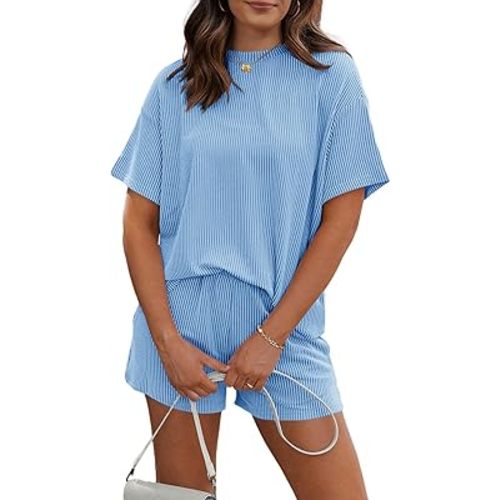 RUBZOOF Women's 2 Piece Sets Short Sleeve Outfits Ribbed Textured Knit Lounge Shorts Set Oversized Tracksuit Matching Sets