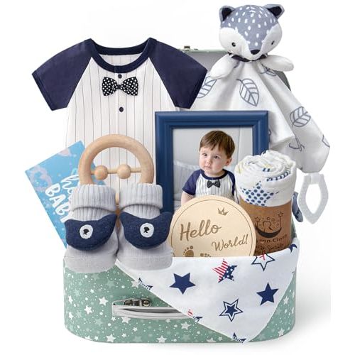 Golray Baby Boy Gifts for Baby Shower, 10pcs Newborn Essential with Fox Lovey/Blanket/Onesie/Wooden Rattle/Socks/Bib/Suitcase, Welcome Baby Gift Box Gender Reveal Infant Boy Gift Basket Set 0-6 Month