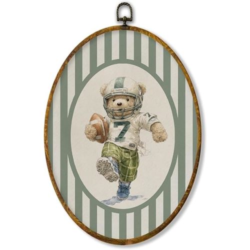 XPH Vintage Football Bear Nursery Oval Wall Art Framed, Football Bear Oval Wall Decor Accents, Green Striped Sports Animal Hanging Canvas Prints for Home Kids Boy Room Playroom Bedroom Decoration, 8.6x11.4 Inch