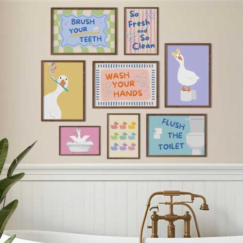 Bathroom Duck Gallery Art Set of 8 Kids Bath Time Printable Toddler Posters Colorful Rubber Ducky Wall Decor Wash Your Hands Reminder Sign