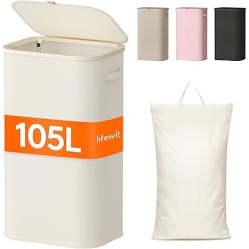 Lifewit 105L Laundry Basket with Lid, Large Laundry Hamper with Plastic Handles and Removable Bag, Foldable Tall Dirty Clothes Hampers for Laundry for Laundry Room, Bedroom, Bathroom, Dorm, White