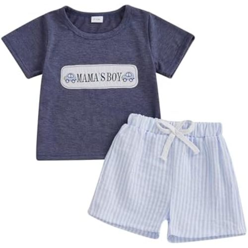 Toddler Baby Boy Summer Outfits Short Sleeve Embroidered T Shirt Tees + Striped/Plaid Shorts Infant Clothes Set