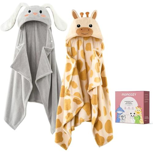 Momcozy Baby Bath Towels with Visualize Health Label - Ultra Soft & Absorbent Coral Fleece Hooded Towels for Newborn, Infant, Toddler (0-36 Months) Bath Essentials (Large Size,2 Pack)