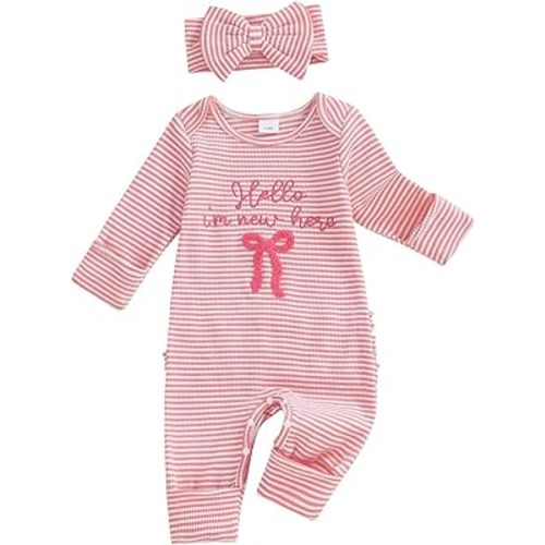 FIOMVA Im New Here Newborn Outfit Girl Long Sleeve Letter Romper Ribbed Knit Jumpsuit Baby Girl Preemie Coming Home Outfit