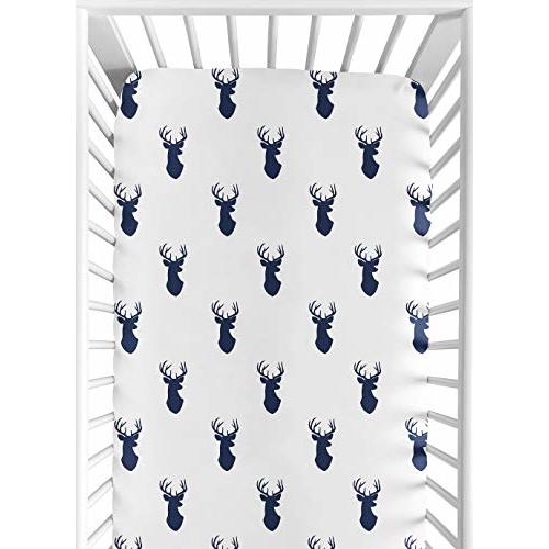 Sweet Jojo Designs Navy Blue White Woodland Deer Boy Baby Fitted Crib Sheet for Infant Newborn Nursery Toddler Bed Room Standard Mattress - Forest Animal Stag Antler
