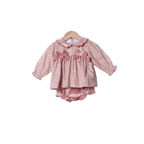 Spring Floral Pink Velvet Scalloped Bloomer Set