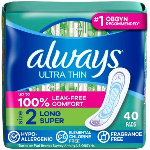 Always Ultra Thin Pads Size 2 Super Long Absorbency Unscented Without Wings - 40ct
