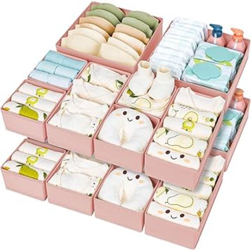 DIMJ Drawer Organizer Clothes 15 Pack - Foldable Dresser Organizer for Nursery, Bedroom, Closet - Pink Dividers for Baby Clothes, Underwear, Clothing, Sock, Belt, Tie