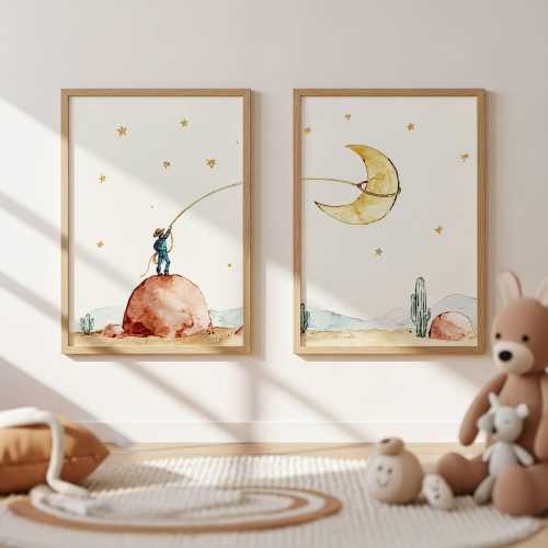 Cowboy Nursery Wall Art Set, Western Desert Moon Watercolor Prints