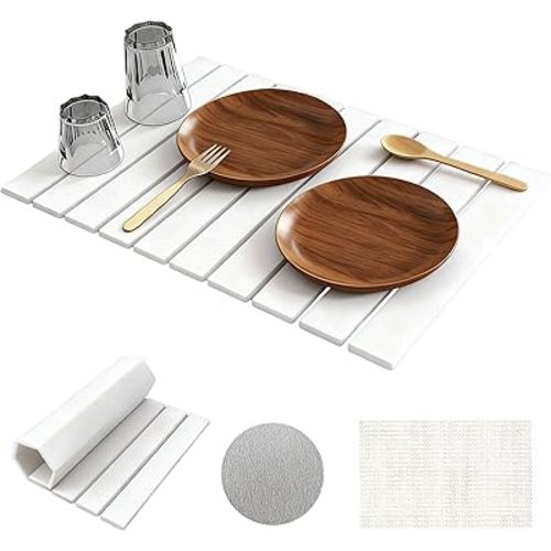 Large Stone Drying Mat for Kitchen Counter, 24"×16", Foldable Super Absorbent Stone Dish Drying Mat for Tableware, Bottles and Cups, Non Slip Diatomaceous drying matt kitchen counter (White)