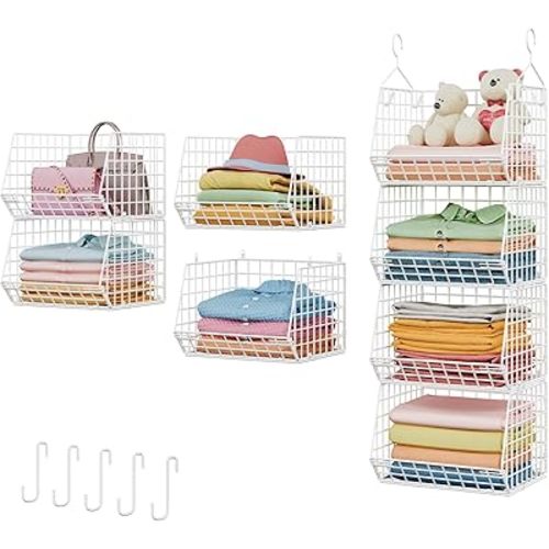 X-cosrack 4 Tier Closet Hanging Organizer, Foldable Closet Shelving with 2 Hanging Hooks 5 S Hooks, Wire Storage Basket for Wardrobe Laundry Room, for Clothing Sweaters Shoes Handbags Patent-White