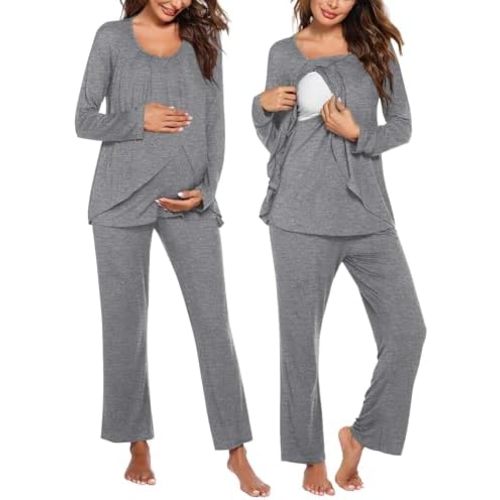 Ekouaer Maternity Nursing Pajama Set Long Sleeve Top & Pants with Pockets Breastfeeding Sleepwear Double Layer Pregnancy