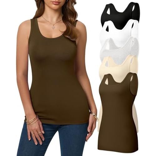 5 Pack Tank Tops for Women Cotton Undershirts Slim Fit Scoop Neck Basic Tanks Sleeveless Wide Strap Layering Top