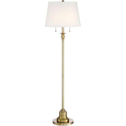 360 Lighting Spenser Vintage Floor Lamp 58" Tall Brushed Antique Brass Metal Off White Linen Drum Shade for Living Room Bedroom Office House Home