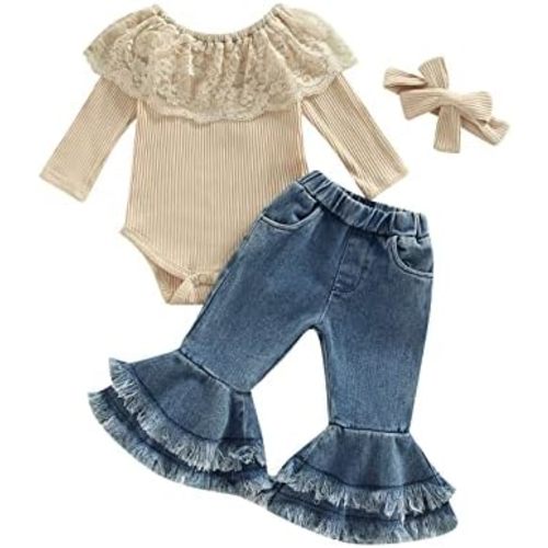 fhutpw Newborn Baby Girl Clothes Infant Rib Frill Long Sleeve Romper Flared Pants Headband Set 3pcs Fall Winter Outfits