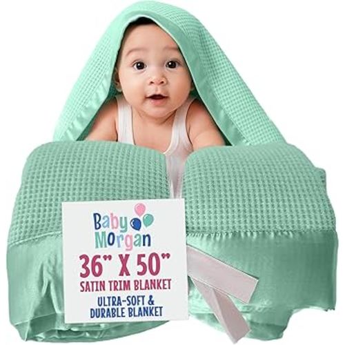 Blankets Thermal Waffle Baby Blanket Crib Bedding - Soft Cozy Warm Infant Thermal Cover for Nursery Stroller or Bassinet, Lightweight Ideal Shower Gift, Satin Trim Mint Green 36" x 50"