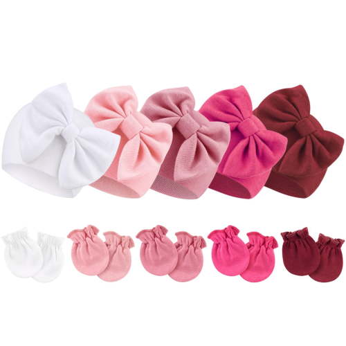 Newborn Baby Girls Hats Mittens Set Hospital Hat Beanie Infant Bow Hats Baby Cotton Gloves No Scratch Mittens for 0-6 Months