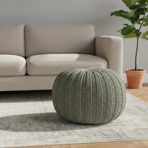HomeRoots 20" Green Cotton Cable Knit Round Pouf Ottoman | Wayfair