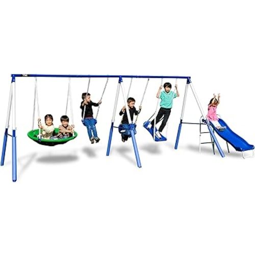 TSC Malibu Swing Set for Kids, Outdoor Metal Playset with 5ft Slide, 38" Saucer, Surfboard Swing, Standing & Blow-Molded Swing – Backyard Fun with 500lbs Max Capacity