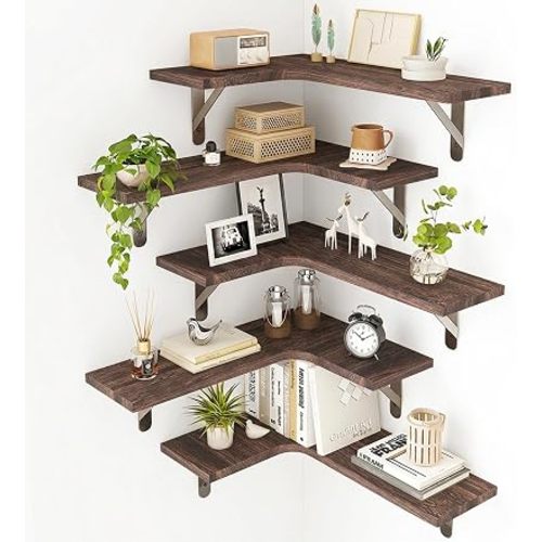 Fixwal Conner Shelves Wall Mounted for Decor, Walnut Brown Set of 5