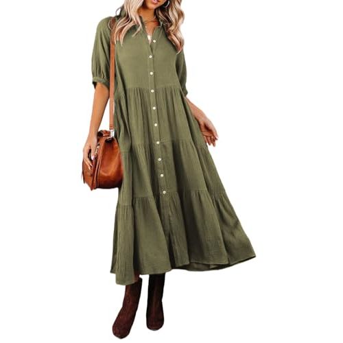 R.Vivimos Women's Summer Cotton Half Sleeves Button Down Casual Loose Slit Midi Dress with Pockets