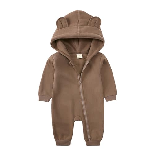RUKOSU Newborn Baby Jumpsuit Bear Ear Hooded Thin Fleece Rompers Infant Boys Girls Long Sleeve Onesie with Zipper