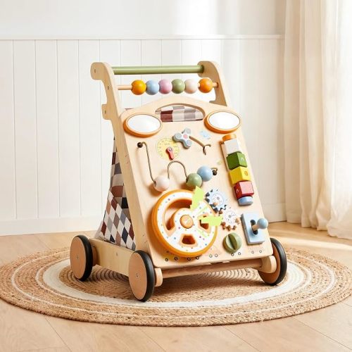 GROWNSY Wooden Baby Walker with Wheels, 3-in-1 Sit-to-Stand Push Walker