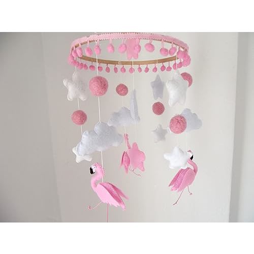 Flamingo Crib Mobile For Girl Nursery, Pink Flamingo Mobile,Moon Stars Flamingo Cot Mobile,Tropical Birds Cot Mobile, Baby Girl Bedroom Mobile, Newborn Gift, Baby Shower Gift
