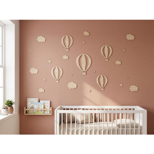Wooden Hot Air Balloon Nursery Wall Decor, Cloud and Star Baby Room Art