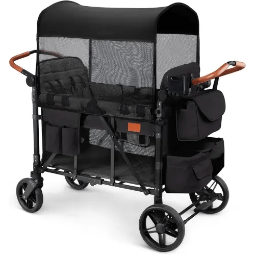 Wagon Stroller for 4 Kids, All-Terrain Wagon for Toddler with Canopy, Parent Organizer, Shoulder Bag, Adjustable Handlebar, Phone Holder, High Seat & 5 Point Harness, Ultimate Quad (Black)