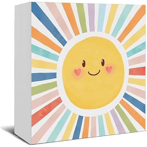 Boho Colorful Sun Wooden Box Sign, Boho Nursery Decor, Cute Happy Sun Sunshine Wood Signs for Classroom Kids Boys Girls Room Bedroom Playroom Nursery Decor, 5x5 Inch