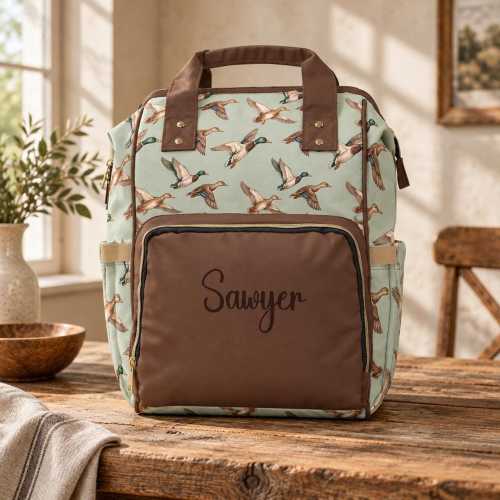 Personalized Mallard Duck Diaper Bag Backpack, Green Brown Flying Duck Baby Bag, Mint Green Hunting Baby Shower Gift