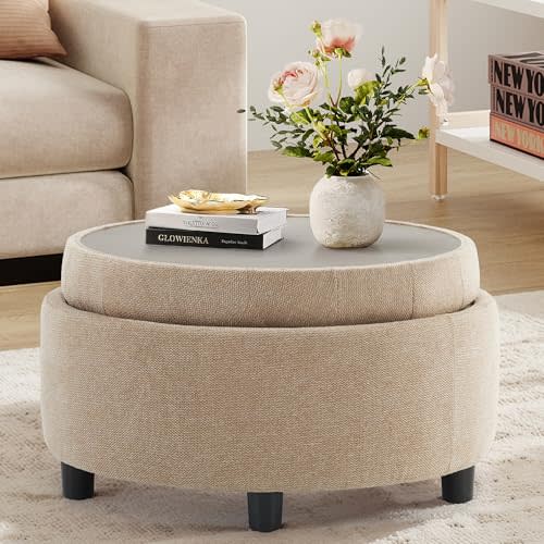 COLAMY Fabric Round Storage Ottoman with Reversible Tray Lid – Multi-Functional Footrest, Hidden Storage, Sturdy & Stylish Small Coffee Table for Living Room, Bedroom, or Entryway(Camel)