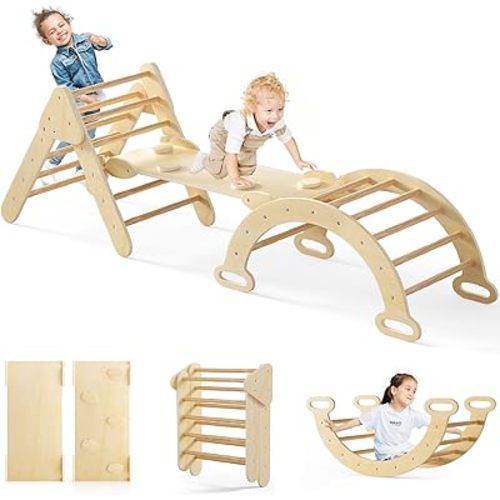 Olakids Pikler Triangle Set 7 in 1 Climbing Toys for Toddlers 1-3 Inside Foldable Wood Montessori Jungle Gym with Ramp Slide Arch Rocker Ladder Indoor Kids Activity Playground Baby Climber