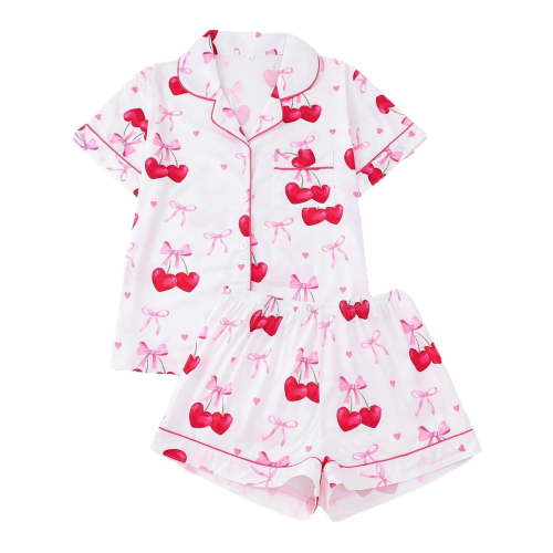 ATAIKU S-XXL Womens Pajamas Set Cherry Print Short Sleeve Button Down Sleepwear Top and Shorts 2 Piece Pjs Lounge Set