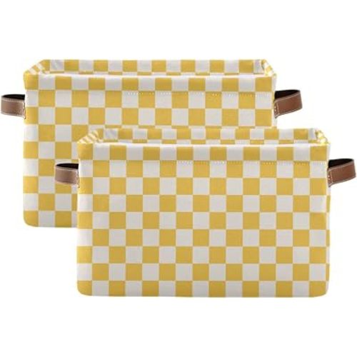 Emelivor Checkerboard Yellow Storage Basket Bins Foldable Decorative Storage Box Laundry Hamper Baskte Storage for Living Room Clothes Closet Shelf Livingroom,2 pcs