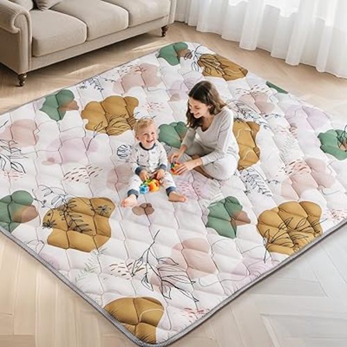 79x71IN Baby Play Mat - Tummy Time Mat for Babies 6-12 Months - Non-Slip Safe Crawling Baby Mat for Indoor & Outdoor - Soft Foam Foldable Cushion Playmat for Kids Playpen & Machine Washable, Boho