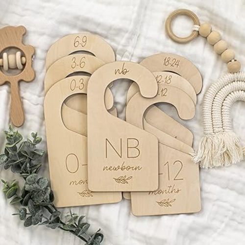Beautiful Wooden Baby Closet Dividers Set of 7 - Double-Sided Organizer for Newborn to 24 Months Size Clothes - Adorable Nursery Decor Hanger Dividers Easily Organize Your Little Girls or Boys Room