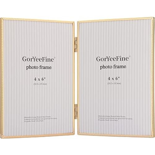 4x6 inch Double Gold Metal Picture Frame with High-Definition Tempered Glass - Thin Edge with Beading Minimalist Design, Velvet Back, Tabletop & Wall Mount